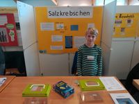 Ein Junge beim Regionalwettbewerb Jugend forscht 2019 in Elmshorn an seinem Stand "Salzkrebschen"